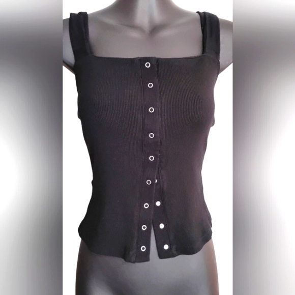 Dynamite | Black Ribbed Sleeveless 1/2 Button Tank Top | Size Small - Picture 1 of 8
